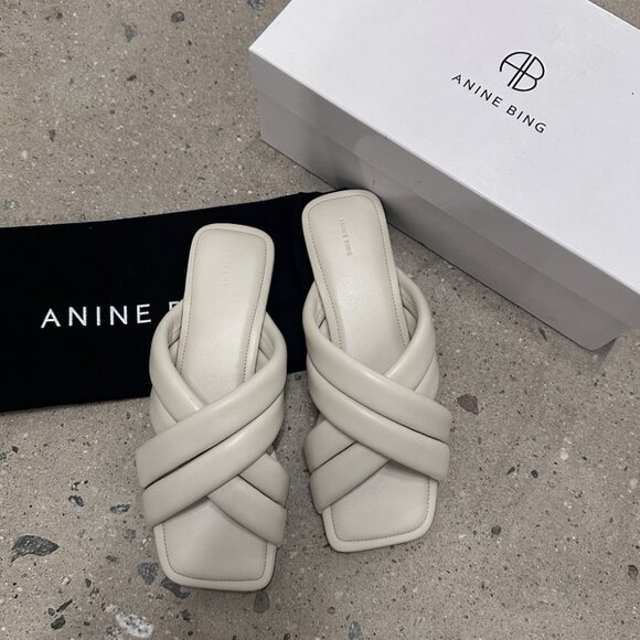 ANINE BING Eve Sandals Ivory Braided Leather Flats